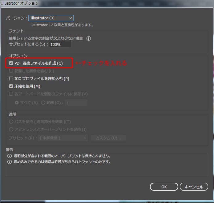 aiデータ保存時の　オプション　＞　PDF互換ファイルを作成　の項目にチェックが入っているイメージ